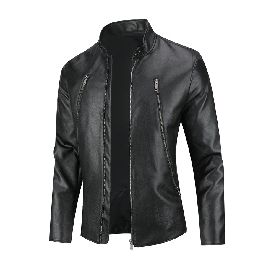 Men Leather Jacket Fashion Stand Collar PU Jackets Black Casual Spring Autumn Double Zipper Motorcycle Coat Image 1