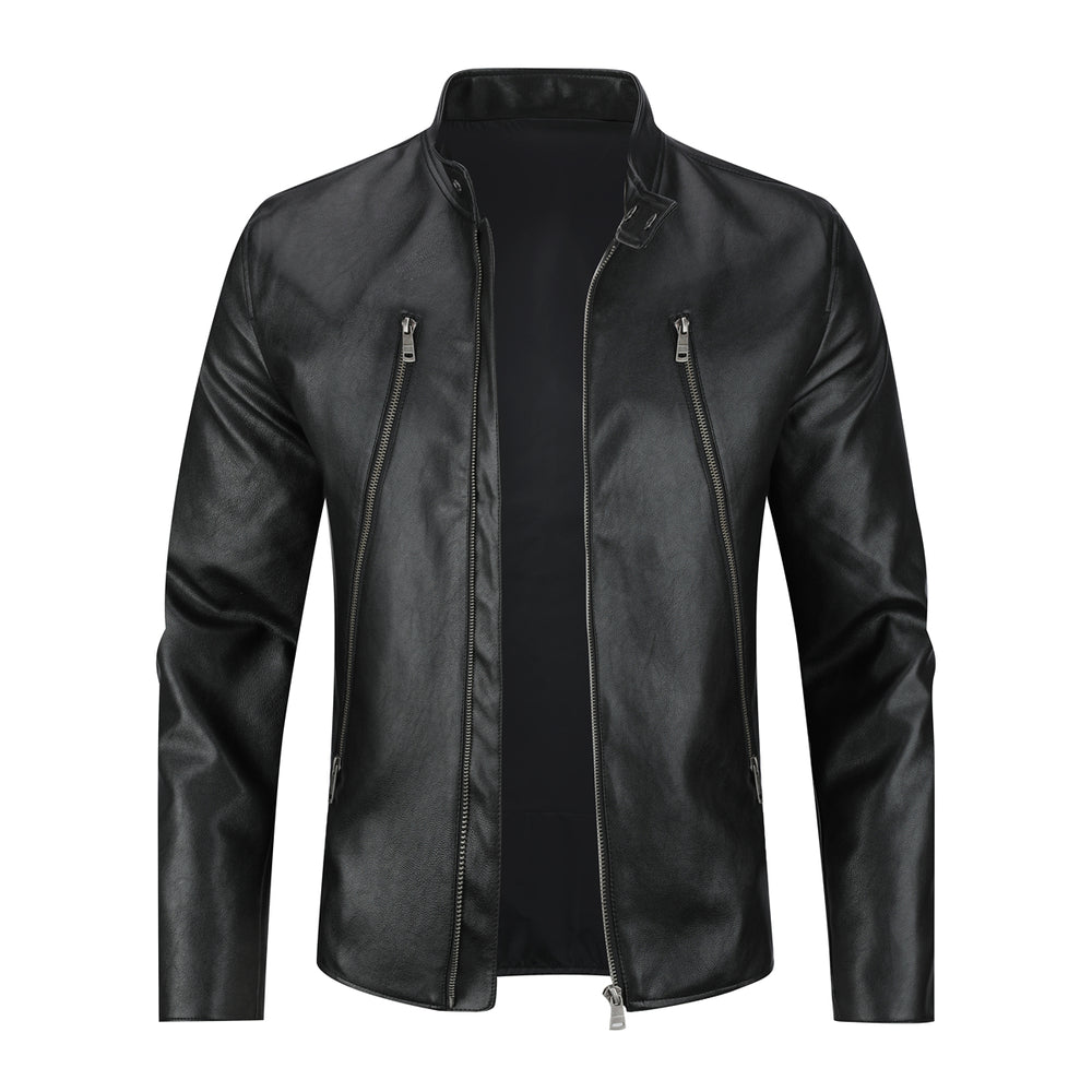 Men Leather Jacket Fashion Stand Collar PU Jackets Black Casual Spring Autumn Double Zipper Motorcycle Coat Image 2