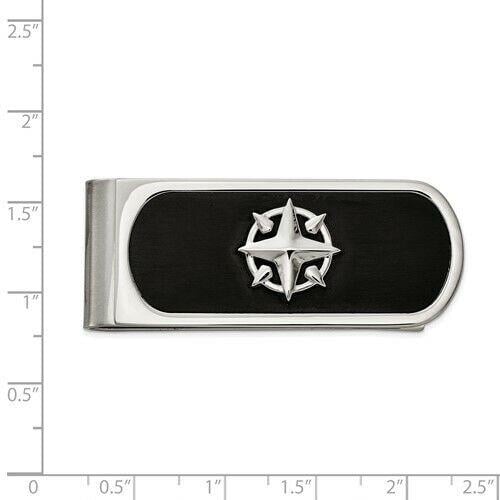 NEW Stainless Steel Brushed and Polished Black IP-plated Compass Money Clip Image 3