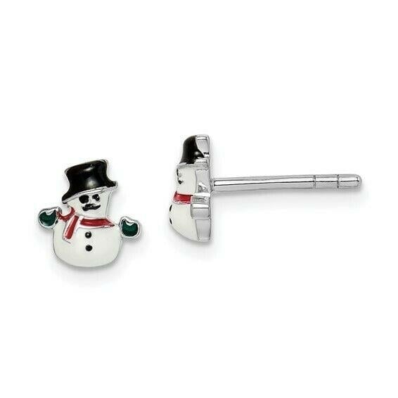 NEW Sterling Silver Rhodium-plated Childs Enameled Snowman Post Earrings Image 1