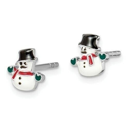 NEW Sterling Silver Rhodium-plated Childs Enameled Snowman Post Earrings Image 2