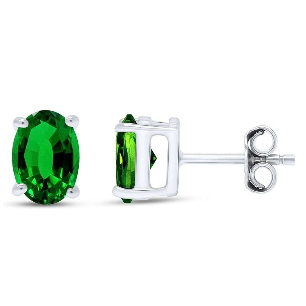 14k White Gold Over Silver 5x7 Oval Cut Created Emerald Oval Diamond Stud Earrings Image 2