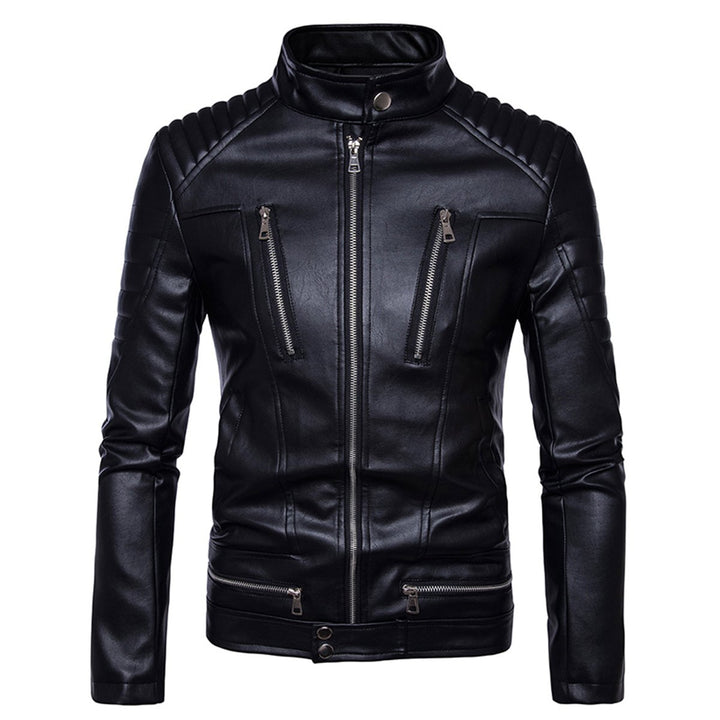 Men Leather Jacket Biker Motorcycle Coat Black PU Jackets Stand Collar Autumn Zipper Outerwear Image 1