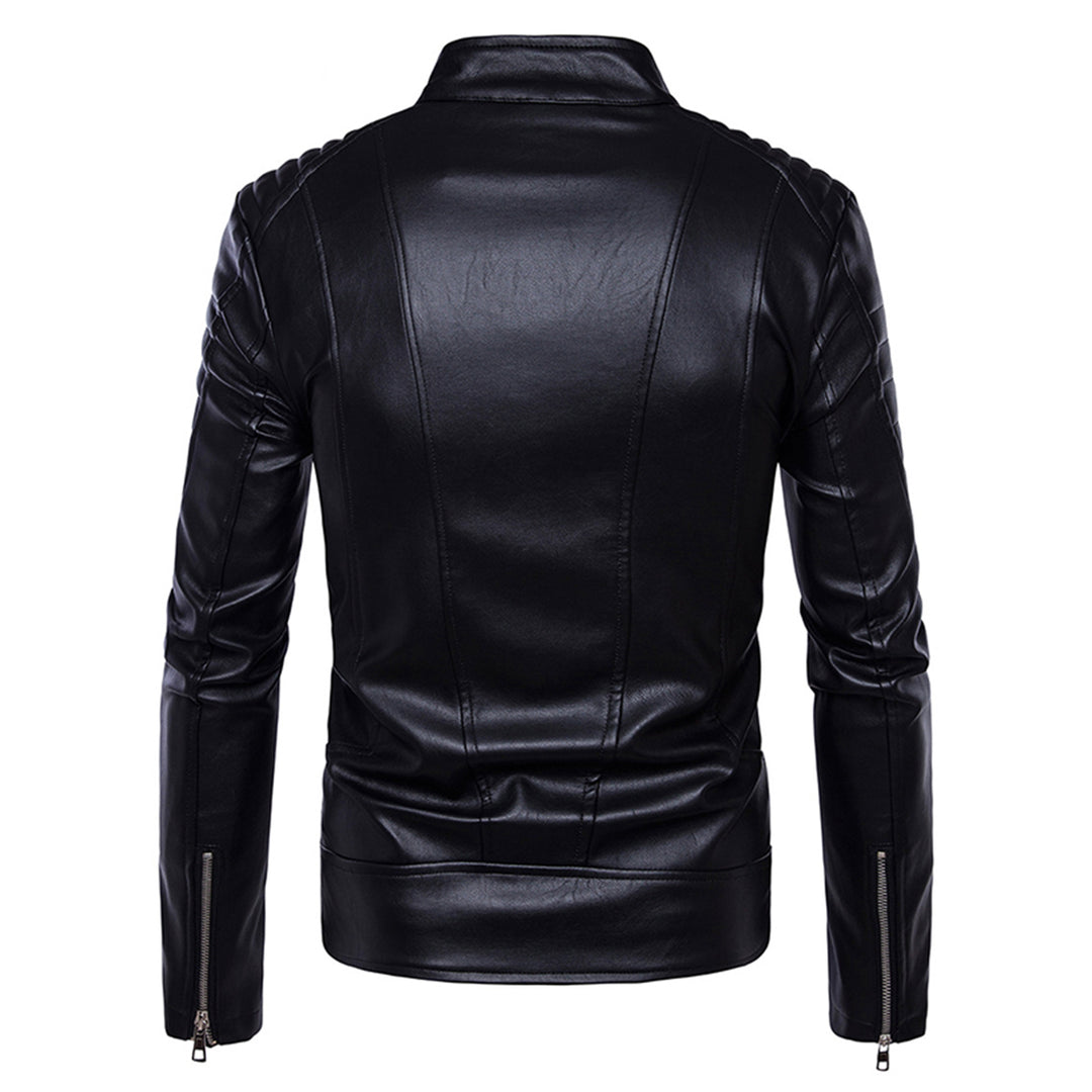 Men Leather Jacket Biker Motorcycle Coat Black PU Jackets Stand Collar Autumn Zipper Outerwear Image 3