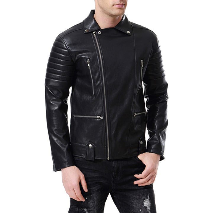 Men Leather Jacket Biker Motorcycle Coat Black PU Jackets Stand Collar Autumn Zipper Outerwear Image 4