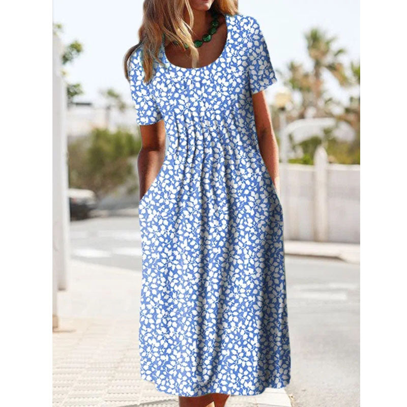 Round Neck Pockets Floral Casual Midi Dresses Image 1