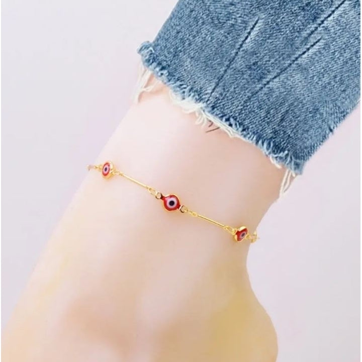 18K Gold Plated Bar Style Red Evil Eye Crystal Anklet Image 1