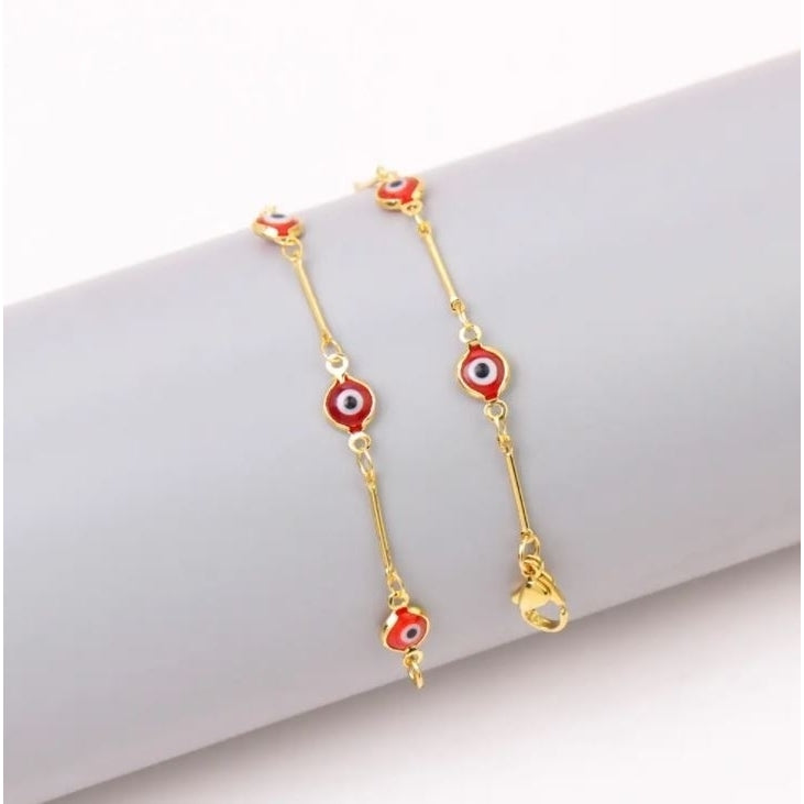 18K Gold Plated Bar Style Red Evil Eye Crystal Anklet Image 4