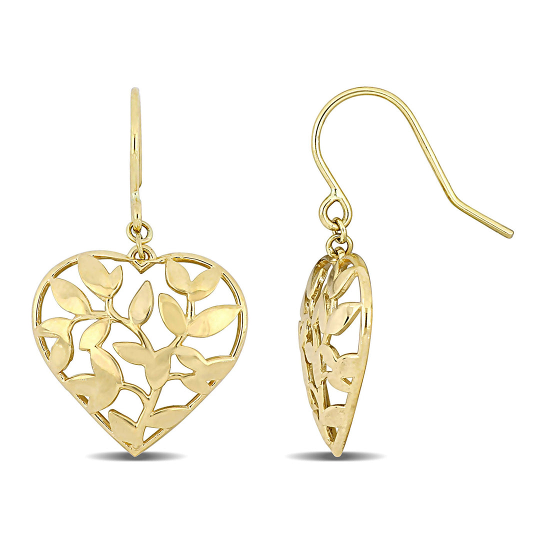 10K Yellow Gold Floral Heart Dangle Earrings Image 1