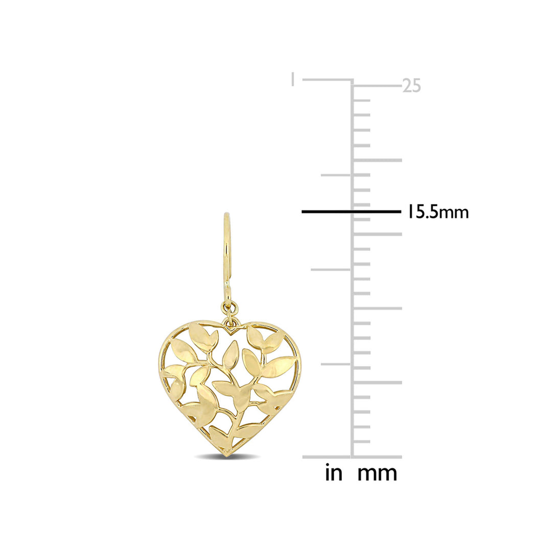 10K Yellow Gold Floral Heart Dangle Earrings Image 3