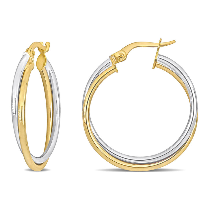 10K Yellow and White Gold CrossOver Hoop Earrings (26mm) Image 1