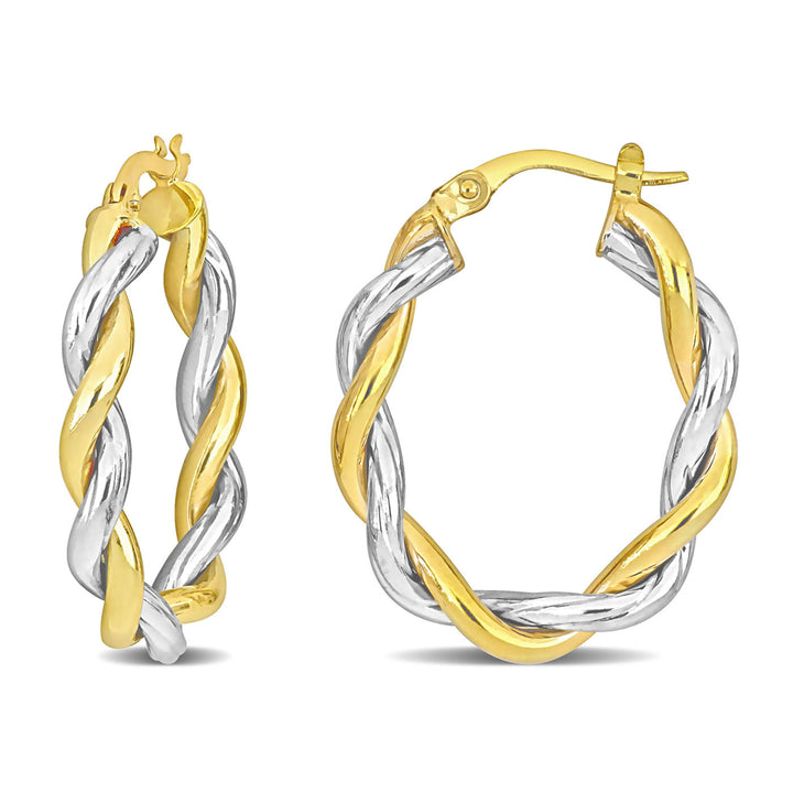 10K Yellow and White Gold Twisted Oval Hoop Earrings (27mm) Image 1