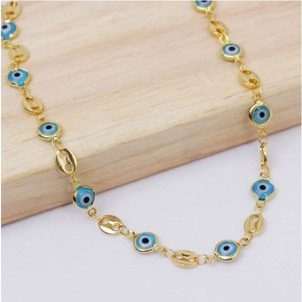 18K Gold Plated Mariner Light Blue Evil Eye Crystal Anklet Image 2