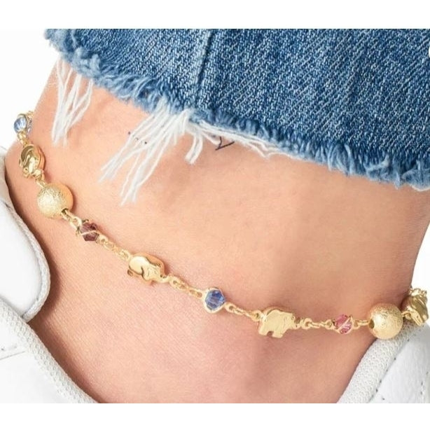 18K Gold Filled Lucky Elephant Charm Colorful Crystal Anklet - Ankle Bracelet Image 1