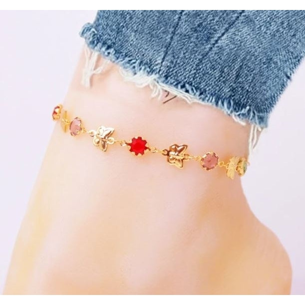 Gold Butterfly with Multi Color Crystal Stone Ankle Bracelet Image 1
