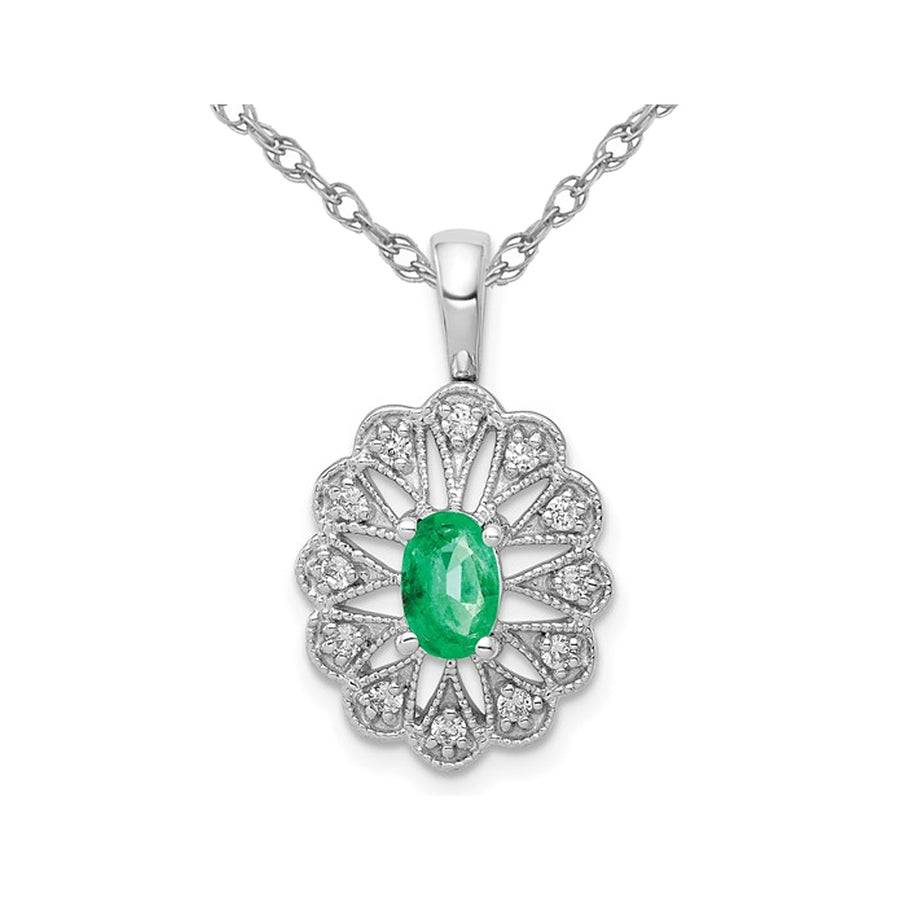 1/3 Carat (ctw) Emerald Pendant Necklace in 14K White Gold with Diamonds and Chain Image 1