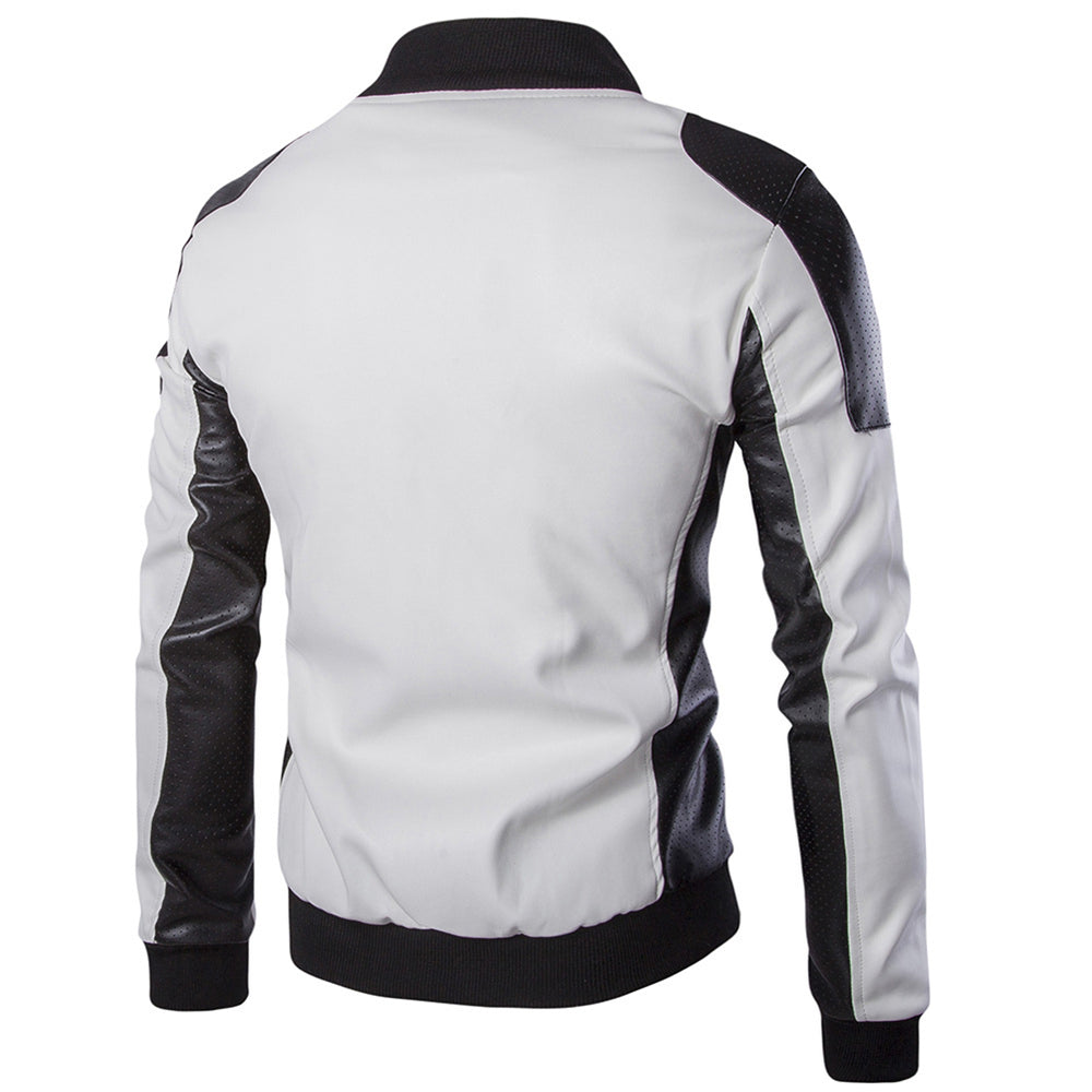 Men Motorcycle Jacket Vinatge PU Leather Jackets Baseball Collar Zip Patchwork Male Biker Coat Outerwear Image 2