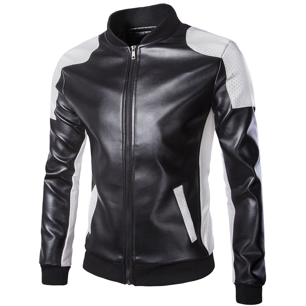 Men Motorcycle Jacket Vinatge PU Leather Jackets Baseball Collar Zip Patchwork Male Biker Coat Outerwear Image 1