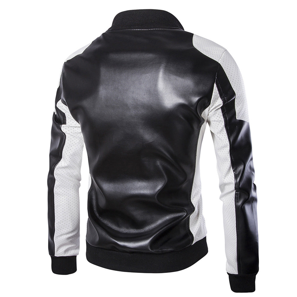 Men Motorcycle Jacket Vinatge PU Leather Jackets Baseball Collar Zip Patchwork Male Biker Coat Outerwear Image 4