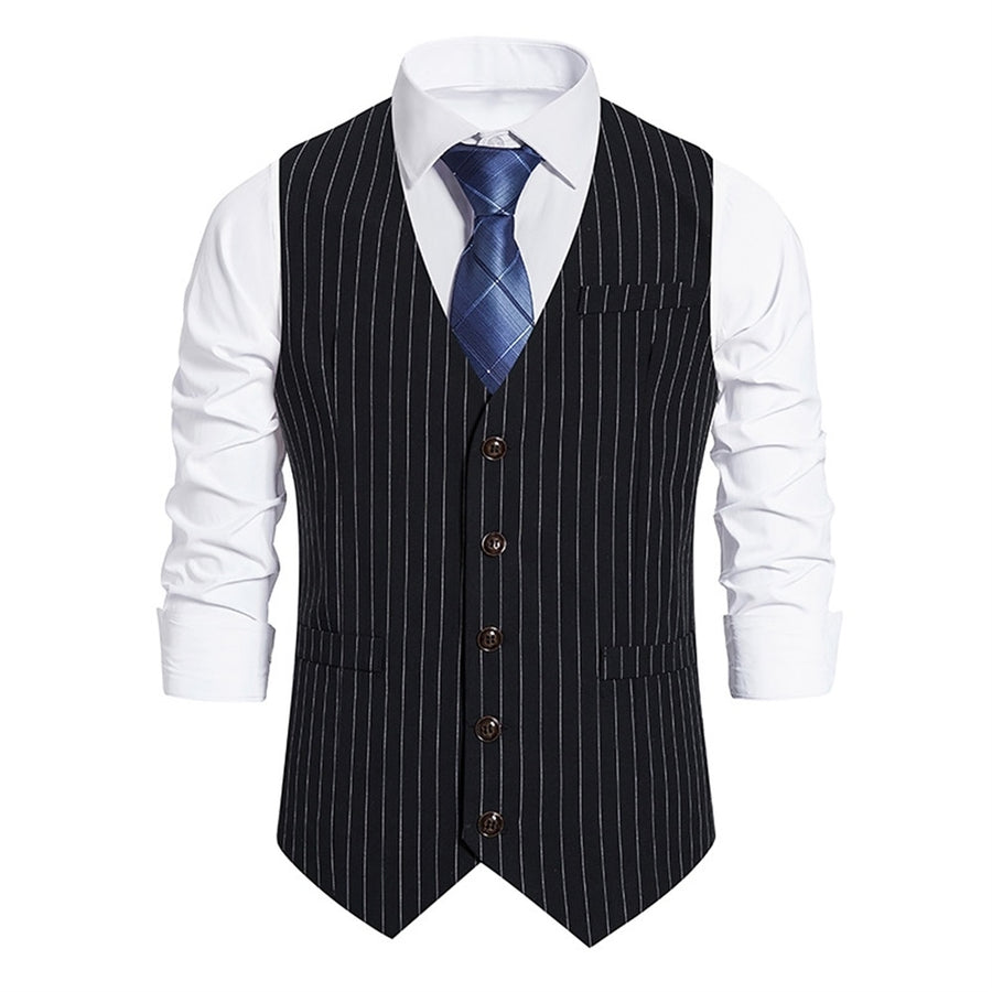Men Vest Jacket Slim Fit Vintage Sleeveless Waistcoat Business Casual Single Breasted Striped V Neck Dress Vests Image 1