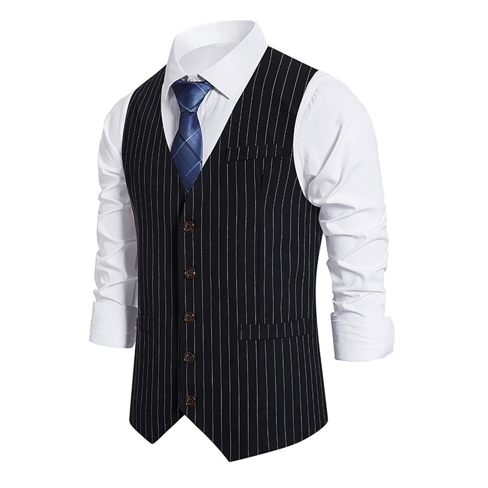Men Vest Jacket Slim Fit Vintage Sleeveless Waistcoat Business Casual Single Breasted Striped V Neck Dress Vests Image 2