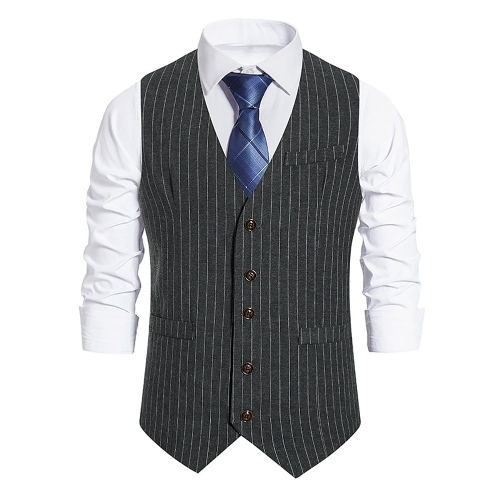Men Vest Jacket Slim Fit Vintage Sleeveless Waistcoat Business Casual Single Breasted Striped V Neck Dress Vests Image 1