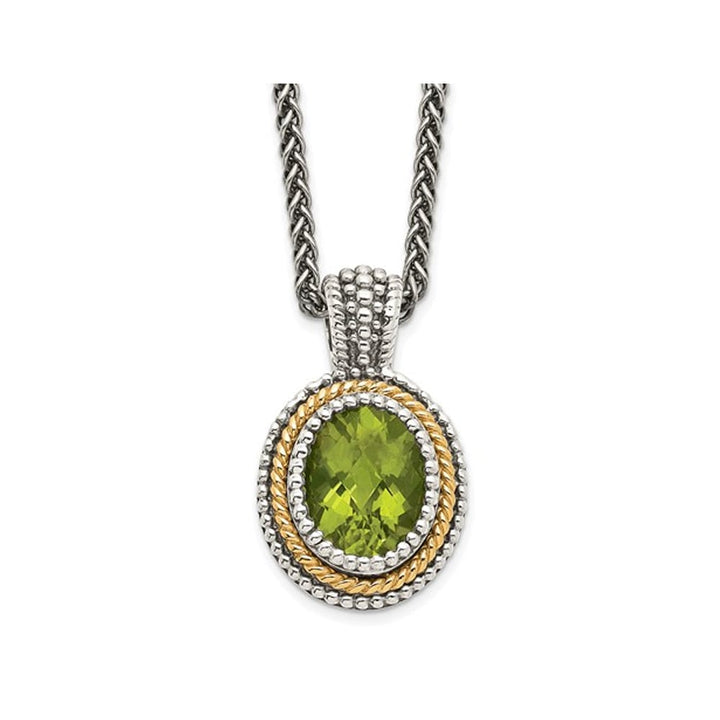 1.80 Carat (ctw) Bezel-Set Peridot Pendant Necklace in Sterling Silver with 14K Gold Accents Image 1