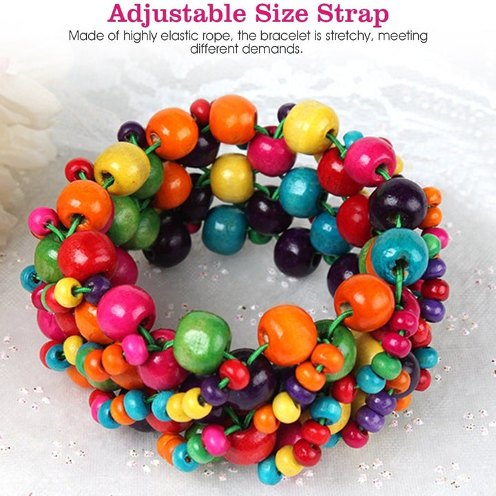 Multi-Color Wooden Beaded Stretchy Bracelet Colorful Exotic Style Elastic Bracelets For Women Girls Children Image 3