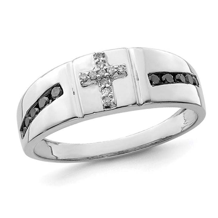 Mens 1/4 carat (ctw) Black and White Diamond Cross Ring in Sterling Silver Image 1