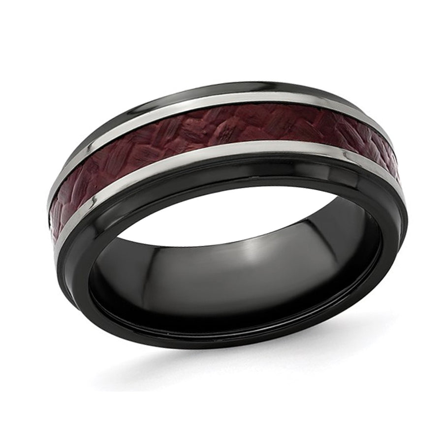 Mens Black Titanium 8mm Red Carbon Fiber Band Ring Image 1