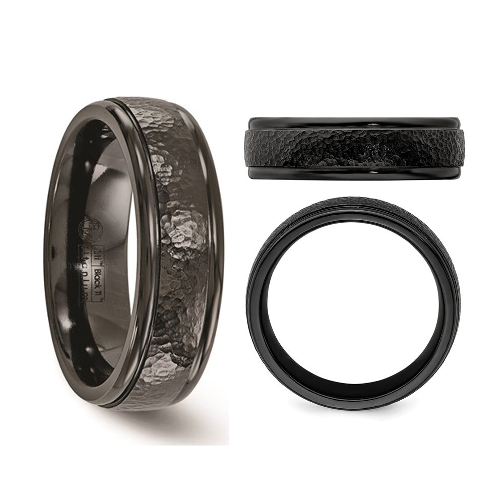 Mens or Ladies Black Titanium 7mm Hammered Band Ring Image 4