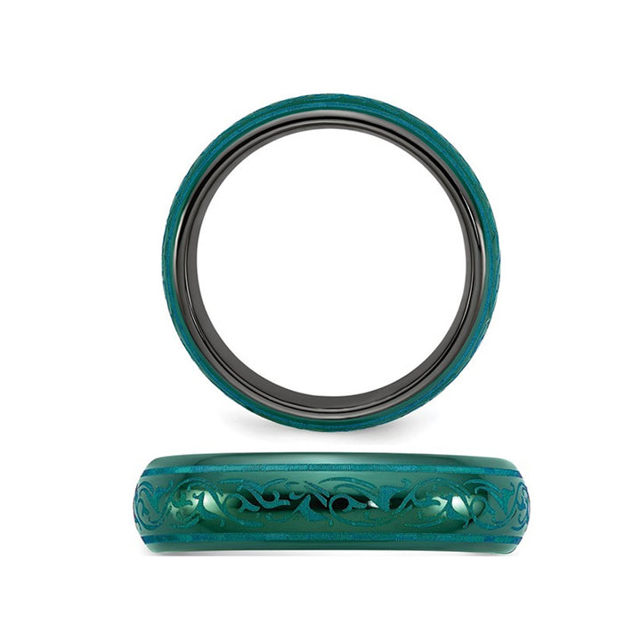 Ladies Black Titanium 6mm Teal Pattern Band Ring Image 3