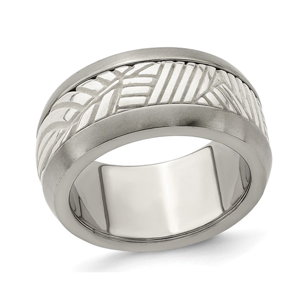 Mens Titanium and Sterling Silver 11mm Pattern Leaf Inlay Band Ring Image 1