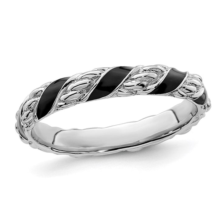 Black Enamel Band Ring in Polished Sterling Silver Image 1