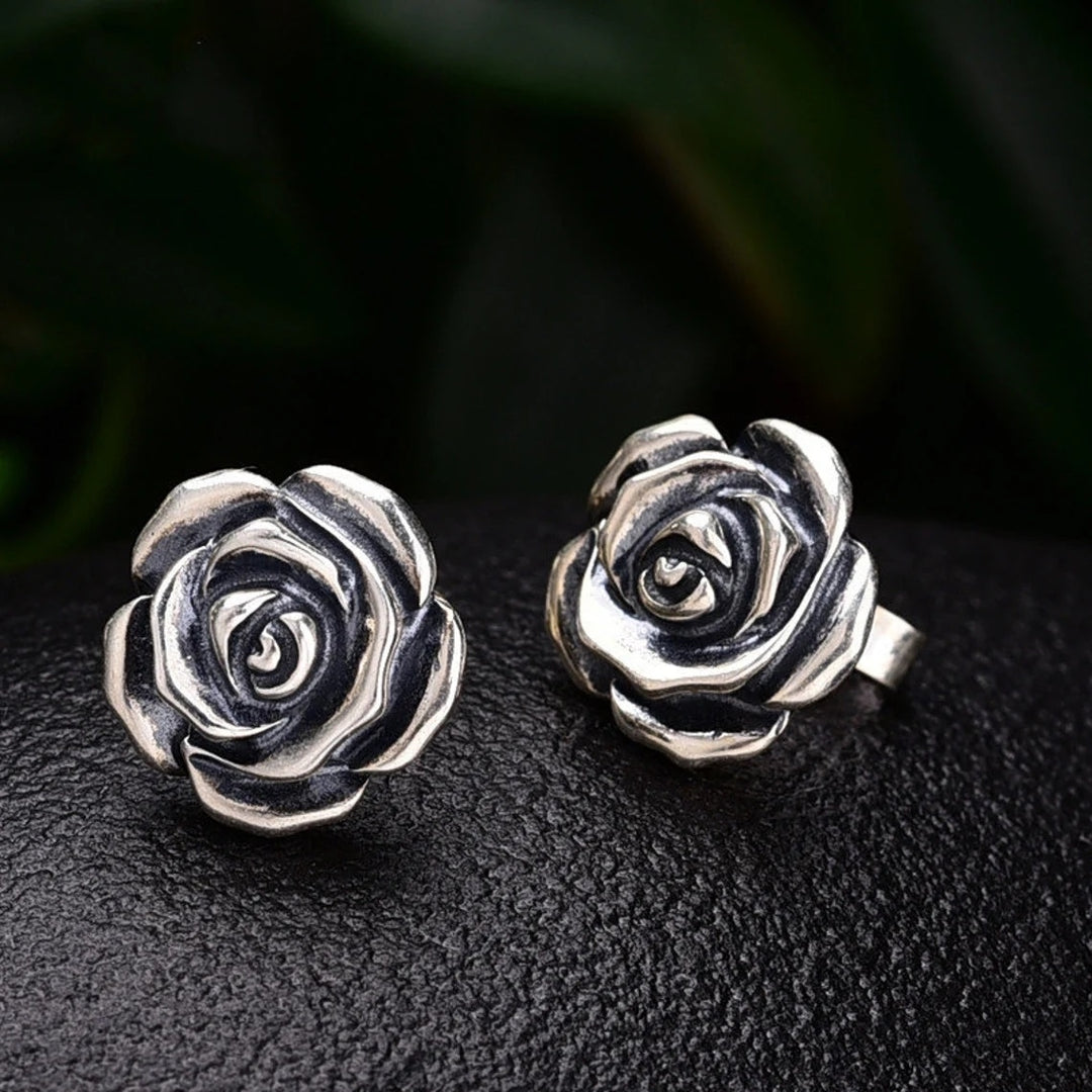 925 Sterling Silver Oxidized Rose Flower Stud Earrings Image 1