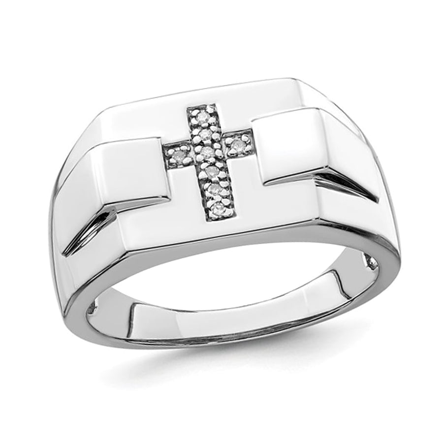 Mens Cross Ring in Polished Sterling Silver with Diamond Accent Image 1