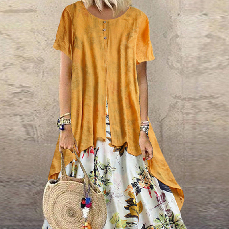 Womens Cotton Linen Floral Print Crew Neck Fake Two Piece Maxi Dress Casual Loose Long Dress with Pockets Image 2