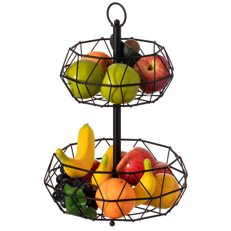 2 Tier Carbon Steel Countertop Fruit Basket Detachable Black Kitchen Organizer Image 1