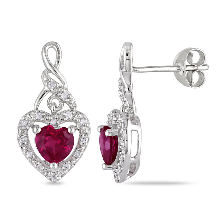 1.18 Carat (ctw) Lab Created Ruby Dangle Heart Earrings in Sterling Silver with Diamonds Image 1