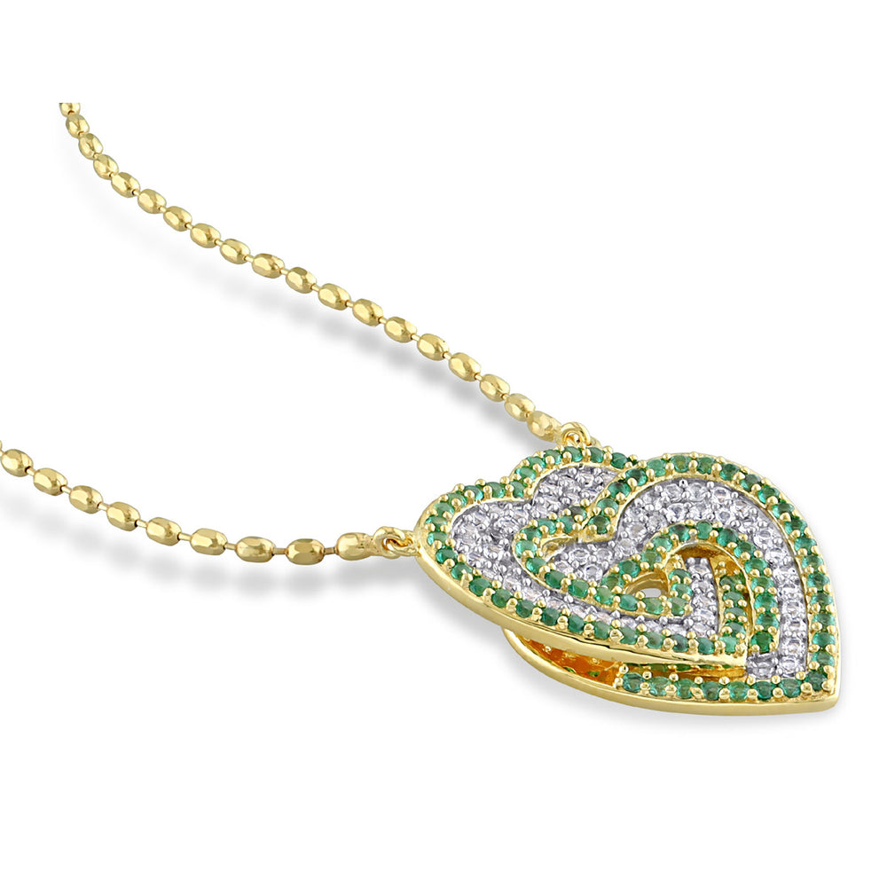 1.40 Carat (ctw) Lab-Created Emerald and White Sapphire Heart Pendant Necklace in Yellow Sterling Silver with chain Image 2