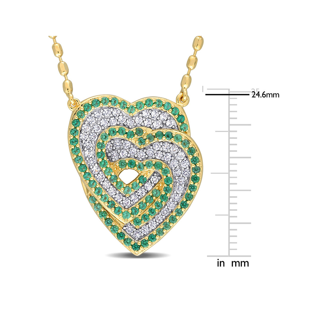 1.40 Carat (ctw) Lab-Created Emerald and White Sapphire Heart Pendant Necklace in Yellow Sterling Silver with chain Image 3
