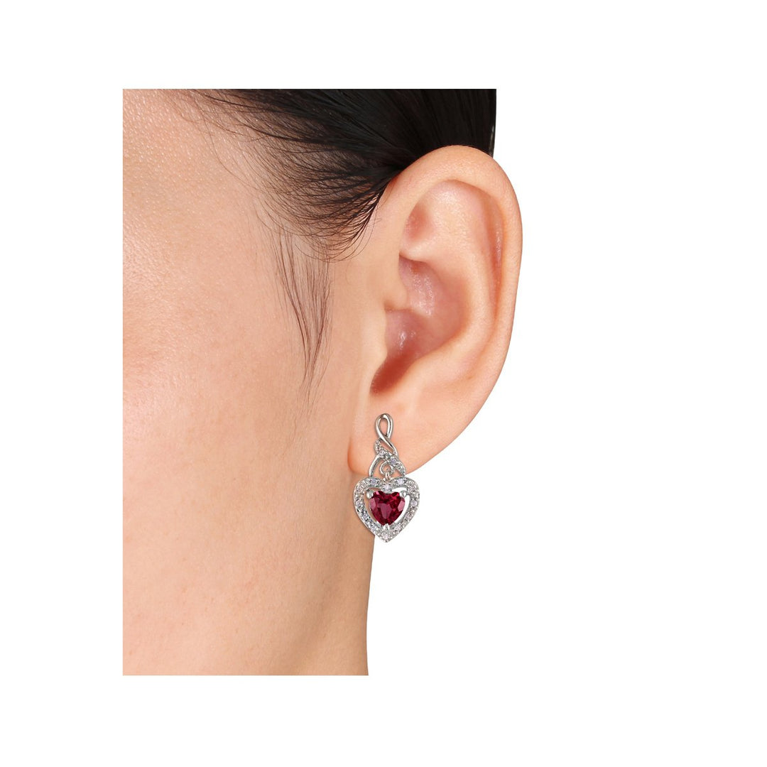 1.18 Carat (ctw) Lab Created Ruby Dangle Heart Earrings in Sterling Silver with Diamonds Image 4