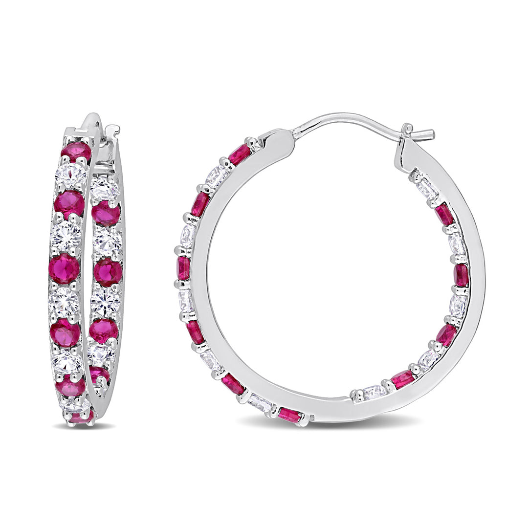 3.60 Carat (ctw) Lab-Created Ruby Hoop Earrings in Sterling Silver with Created White Sapphires Image 1