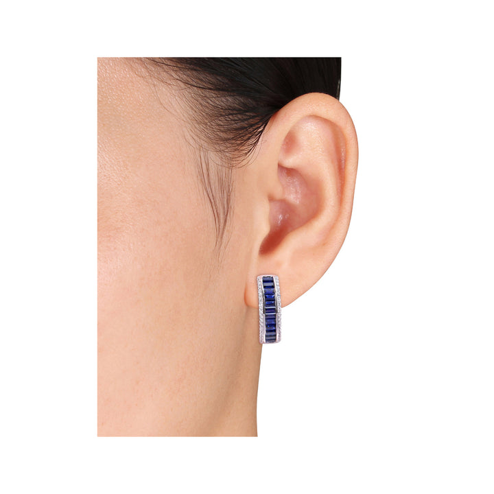 5.05 Carat (ctw) Lab-Created Blue Sapphire Hoop Earrings in Sterling Silver with Created White Sapphires Image 4
