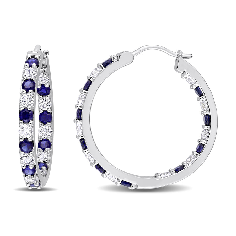 3.60 Carat (ctw) Lab-Created Blue Sapphire Hoop Earrings in Sterling Silver with Created White Sapphires Image 1