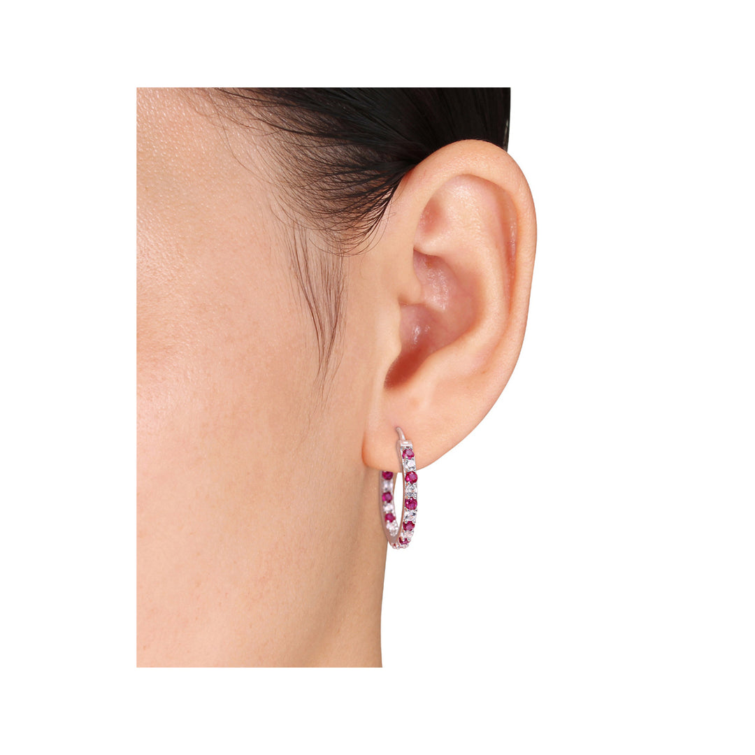 3.60 Carat (ctw) Lab-Created Ruby Hoop Earrings in Sterling Silver with Created White Sapphires Image 4