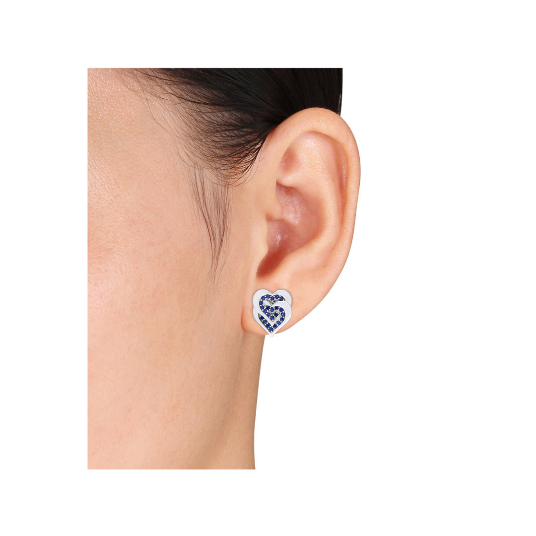 2/5 Carat (ctw) Lab-Created Blue Sapphire Heart Earrings in Sterling Silver Image 4