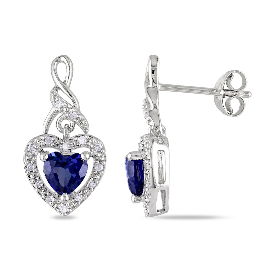 1.14 Carat (ctw) Lab Created Blue Sapphire Dangle Heart Earrings in Sterling Silver with Diamonds Image 1