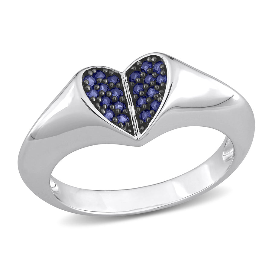 1/5 Carat (ctw) Lab-Created Blue Sapphire Pave Heart Ring in Sterling Silver Image 1