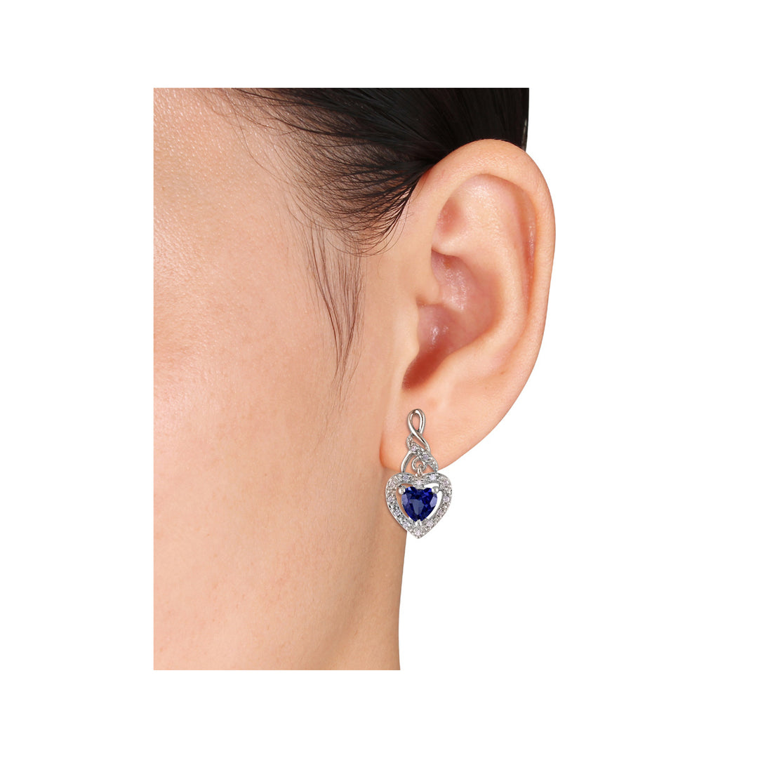 1.14 Carat (ctw) Lab Created Blue Sapphire Dangle Heart Earrings in Sterling Silver with Diamonds Image 4